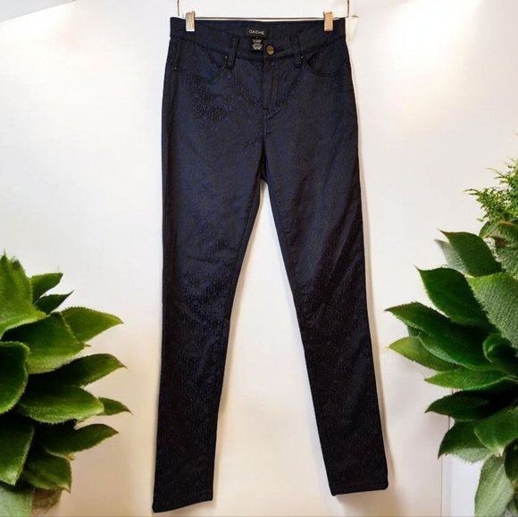 Cache Women's Low Rise Skinny Leg Pants Blue/Black Floral Jacquard Design Size 2 - Picture 11 of 11
